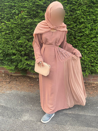 Zoom Pleated Abaya- 3 piece set- Chesnut