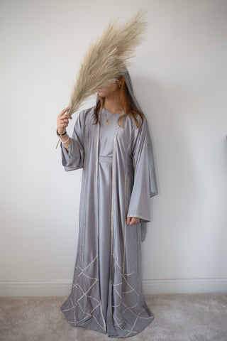 Mayesha’s Satin Abaya Collection- Silver Grey