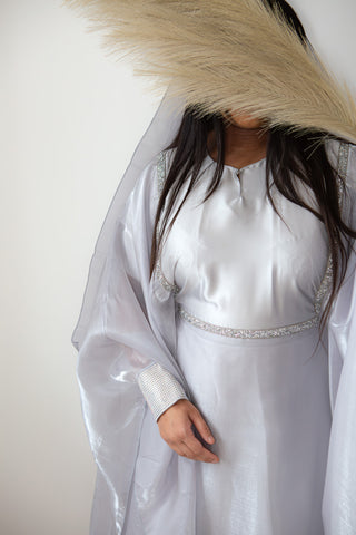 Aleena’s Satin Organza Abaya Collection- Silver Grey